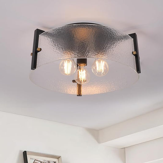 Modern Black Semi Flush Mount Ceiling Light Fixture, 3-Light Glass Ceiling Mount Light Fixtures, Kitchen Island Lighting Fixtures Ceiling Lights for Foyer Entryway Bedroom Laundry Room Hallway