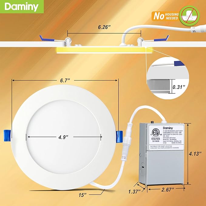 DAMINY 12 Pack 6 Inch 5CCT LED Recessed Light with Night Light,Ultra-Thin,Canless recessed Lighting 6 in,12W=110W,1000LM,Dimmable Wafer Lights,ETL Certificated