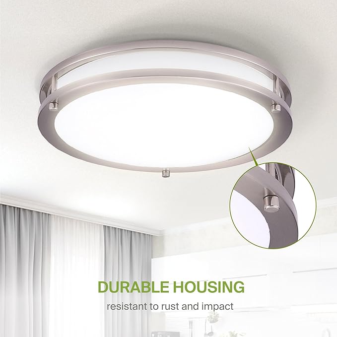 ASD LED 18" Round Flush Mount Lighting, Close to Ceiling Light Fixture | 3CCT, Dimmable, Energy Star, ETL Listed | 28W 2744LM 3000-5000K 100-277V | Low Profile Double Ring Lamp | Nickel