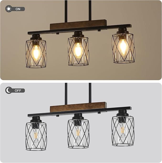 3-Light Dining Room Light Fixture/Chandelier Over Table, Island Lighting Hanging for Farmhouse Linear Chandeliers Matte Black Rustic Wood Ceiling Pendant Light Fixtures, with Clear Glass Shade