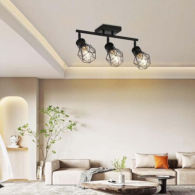 3 Light Track Lighting Fixtures Ceiling，Black Flush Mount Ceiling Light with E26 Lamp Head, Industrial Black Kitchen Track Lighting for Kitchen, Living Room, Dining Room, Hallway