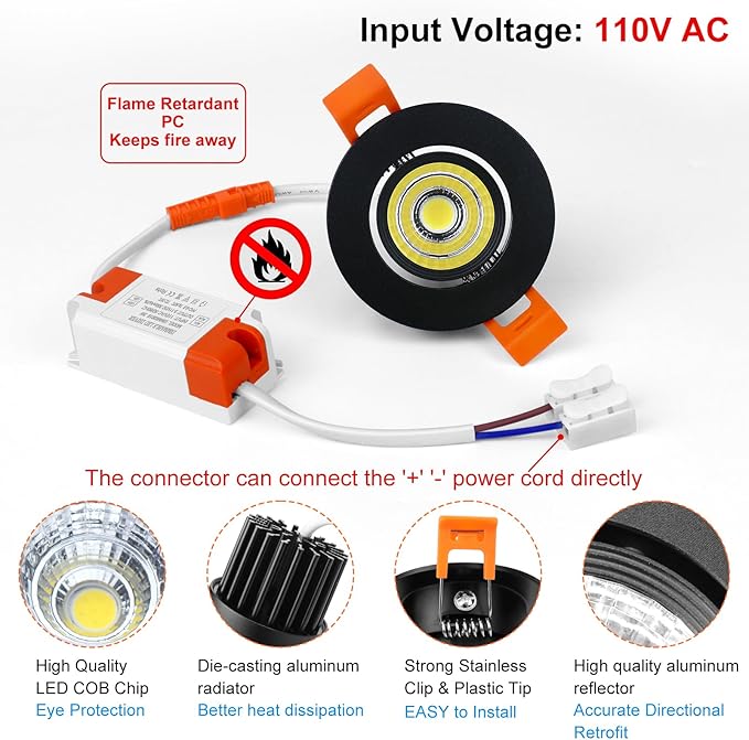 inShareplus 2 Inch LED Downlight, 3W Recessed Lighting 220LM COB Dimmable, 5000K Daylight White, CRI80, Black Trim, Ceiling Lights with LED Driver, 20 Pack