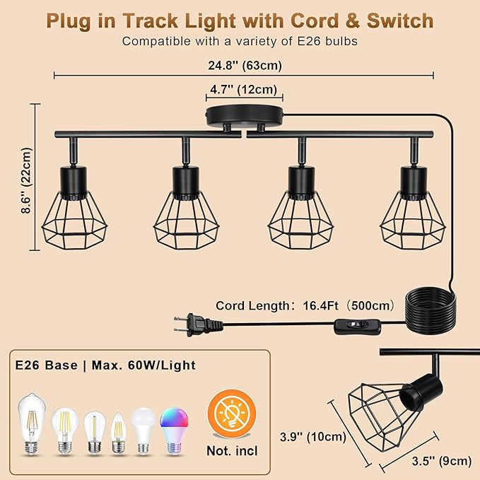 LTBLIGHT 4-Light Plug in Track Lighting with Power Cord, Plug in Ceiling Light with ON/Off Switch, LED Spotlight for Kitchen, Living Room, Artwork, E26 Base (Bulbs Not Included)