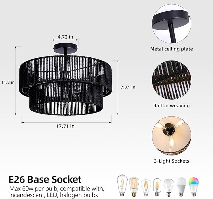 Black Boho Light Fixtures Ceiling Mount 18'' Coastal Hemp Rope Semi Flush Mount Ceiling Light Fixture 3-Light Rattan Light Fixtures with 2-Tier Drum Shade for Dining Room Kitchen Entry