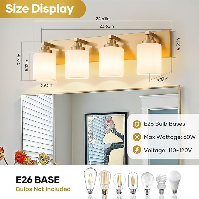 Bathroom Vanity Light Fixture, 4-Light Brushed Gold Bathroom Light Fixtures Over Mirror with Milky White Glass Shades, Modern Vanity Lights for Bathroom Living Room Hallway (Bulbs Not Included)