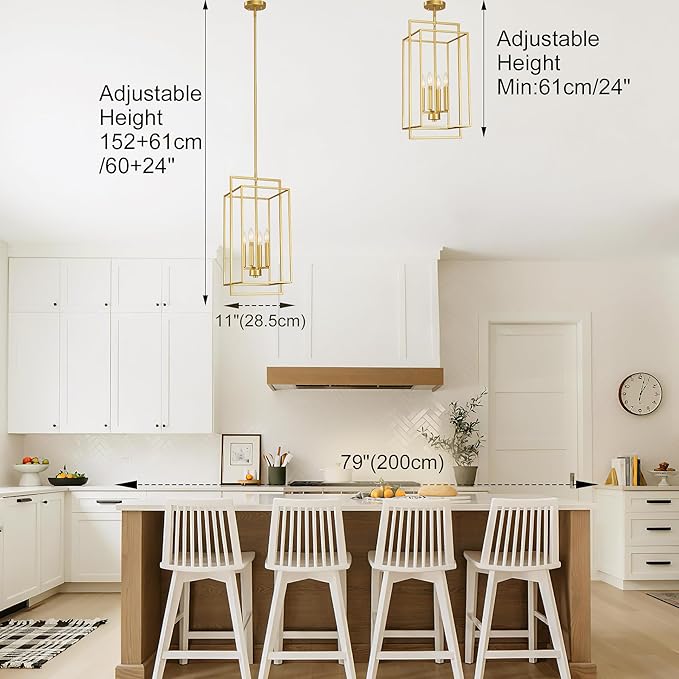 Muted Gold Chandelier Lighting Fixture with Geometric Metal Cage, 4-Light Industrial Pendant for Kitchen Island, Living Dining Room, Home Office (Gold, 24" H - 4 Lights)
