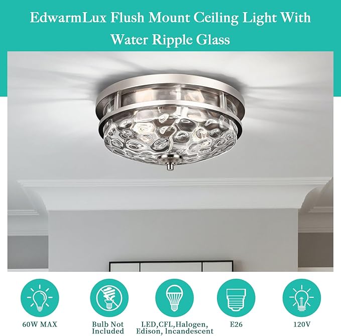 Flush Mount Ceiling Lights, 2-Light Farmhouse Close to Ceiling Light, Industrial Ceiling Lighting Fixture for Kitchen Hallway Bedroom Living Room Stairways Porch (Brushed Nickel)