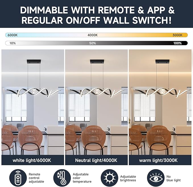 ORANOOR Modern LED Pendant Lights, Dimmable 39'' Spiral Wave LED Chandelier Lighting, Linear Swivel Black Dining Room Hanging Light Fixtures Kitchen Island Pendant Light for Dining Table (2340lm)