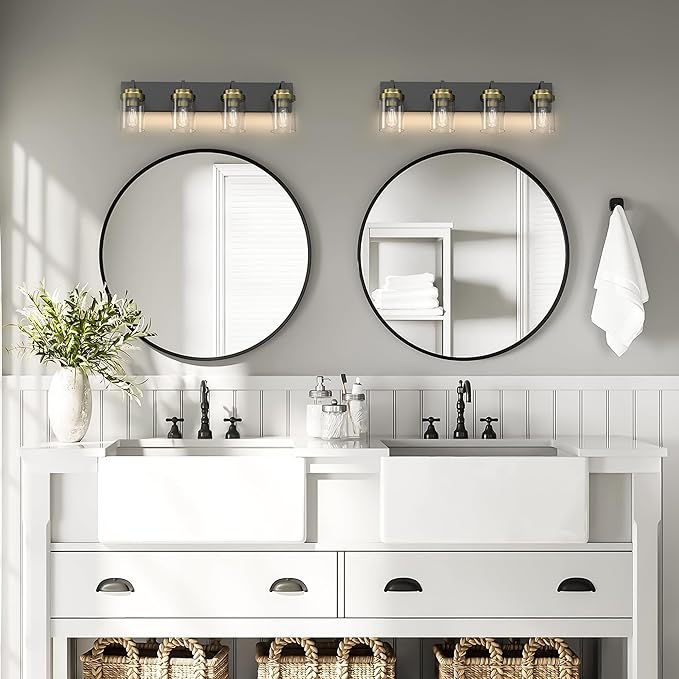Espird Bathroom Lighting Fixtures, 4-Light Bathroom Vanity Lights Over Mirror, Black and Gold Vanity Light with Glass Shade, Modern Vanity Lighting Fixtures for Bathroom, Bedroom, Hallway