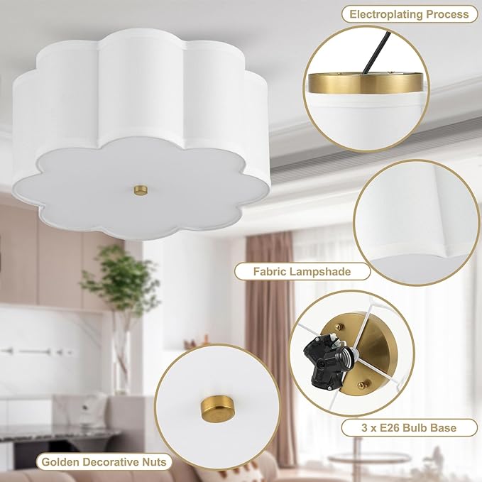 13.4"Semi Flush Mount Ceiling Light Fixture, 3-Light Modern Close to Ceiling Light With Fabric Flower-Shaped Shade, Light Fixtures Ceiling Mount for Bedroom Nursery Kids Room Living Room(Gold)