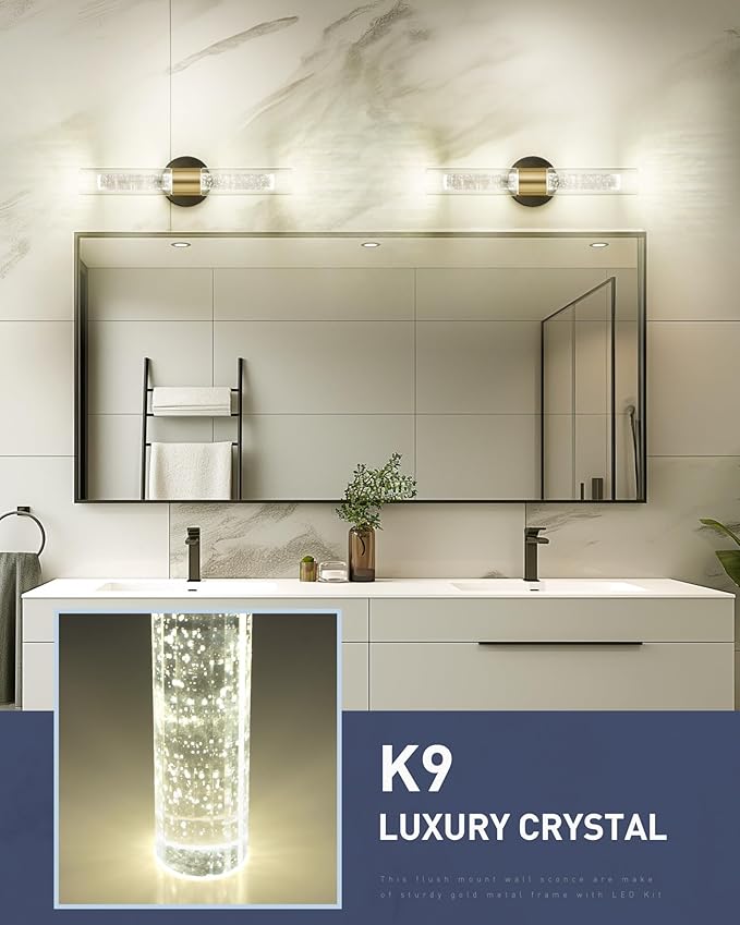 kudos Black and Gold Bathroom Light Fixtures,Modern Led Wall Sconce Light with Crystal Bubble and Clear Glass, 3000K/4500K/6000K Adjustable, KDVL05-BG-2