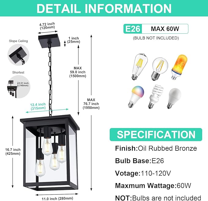 Yaohong Large Outdoor Pendant Lights for Porch, 4-Lights Black Exterior Pendant Light with Clear Glass, Outdoor Porch Light Ceiling Mount Outdoor Hanging Light Fixture for Gazebo, Patio, Entryway