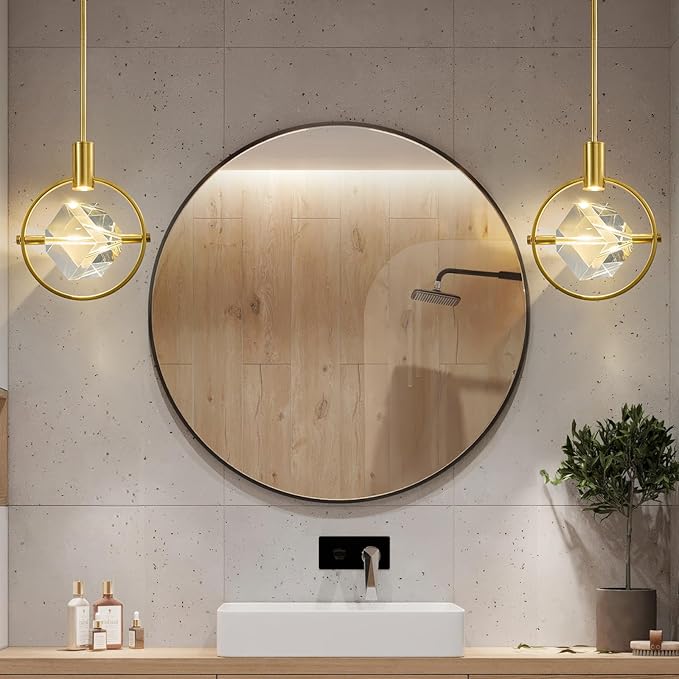 Modern Crystal Led Pendant Light: Gold Circular Pendant Lights Over Kitchen Island - Luxury Dimmable Crystals Hanging Lighting - Contemporary Pendants Light Fixtures for Bedroom Bathroom Living Room