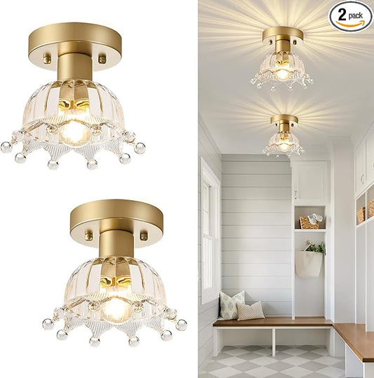 2 Pack Gold Modern Ceiling Light, Small Kitchen Light Fixtures, Glass Semi Flush Mount Ceiling Light for Hallway, Foyer, Entryway, Laundry Room (7 in)