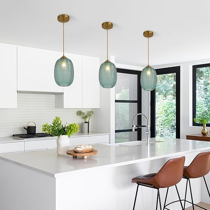 KCO Lighting Vintage Green Pendant Lights Kitchen Island Small Striped Glass Pendant Light Antique Brass Pendant Light Modern Kitchen Pendant Lighting Over Island