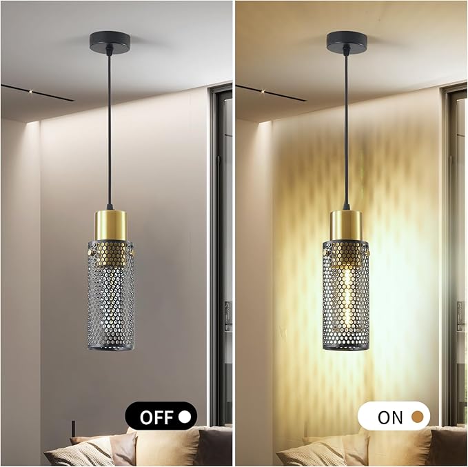 Modern Pendant Light Fixtures, Gold Cylinder Pendant Lapms with Iron Mesh, Adjustable Metal Ceiling Hanging Light Fixture for Kitchen Island Dining Room Entryway Bar 1-Light