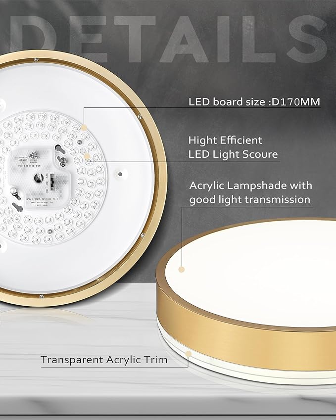 Ken & Ricky Led Brushed Gold Flush Mount Ceiling Light,Dimmable Close to Ceiling Light Fixtures for Kitchen Bathroom Bedroom Hallway 12 Inch 5cct 24w Round KR3354-2PK