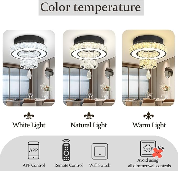 Flashing God 12" Modern Crystal Chandeliers Flush Mount Ceiling Light Black Chandelier for Hallway LED Dimmable Mini Chandelier for Dining Room Living Room Bedroom