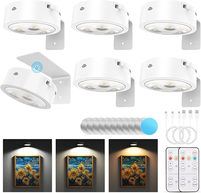 Narotood 6 Pack Picture Lights for Wall, Rechargeable Battery Operated Wall Lights, Picture Frame Lights with 3 Lighting Modes, Wireless Magnetic Painting Light with Remote Control Timer, (White)