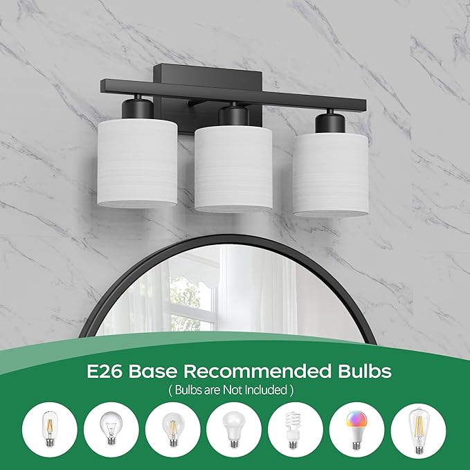 PARTPHONER Bathroom Light Fixtures, Bathroom Lighting Fixtures Over Mirror, Interior Classic Vanity Lights, Modern Vanity Light with Textured White Glass Shade, Matte Black, 3-Light