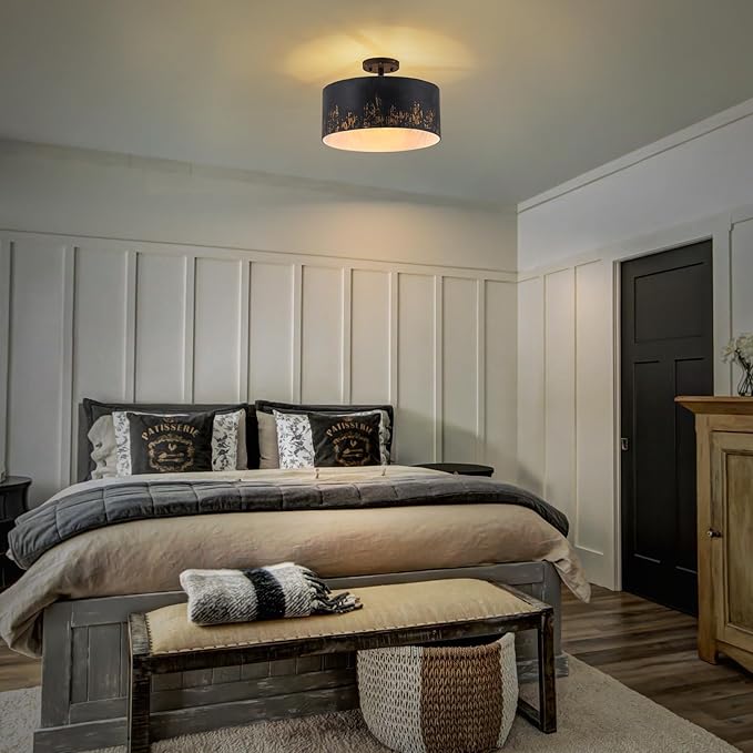 14.96" Modern Vintage Semi Flush Mount Ceiling Light,3-Light Matte Black Ceiling Light Fixture with Hand-Brushed Gold Finish,Dimmable Hallway Light Fixtures for Bedroom,Kitchen,Entryway,Foyer