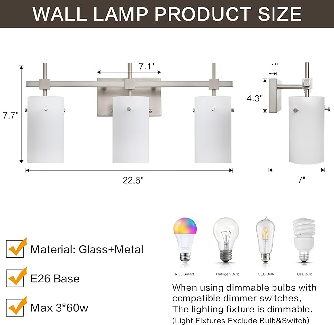 SOLFART Brushed Nickel Bathroom Light Fixtures, 3-Light Modern Vanity Light Over Mirror, Wall Sconces with Milky White Frosted Glass Shades, E26 Socket (Bulbs Not Included)