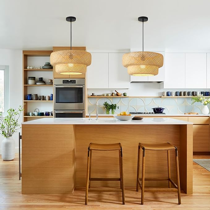 Bamboo Pendant Light Boho Rattan Hanging Light 17.7" Hand Woven Wicker Chandelier for Kitchen Island for Kitchen Island Dining Bedroom Living Room Restaurants