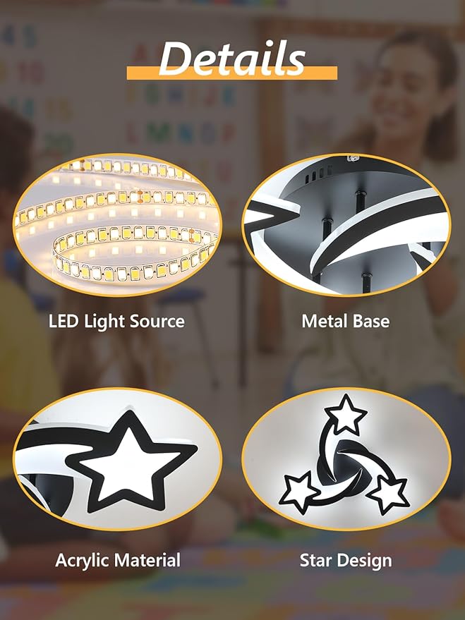 Goeco Kidsroom Ceiling Light, 3 Light Mode Black Acrylic Close to Ceiling Light Fixtures, Stars Creative Cartoon Flush Mount Ceiling Lamp Fixture for Kids Room, Bedroom, Living Room