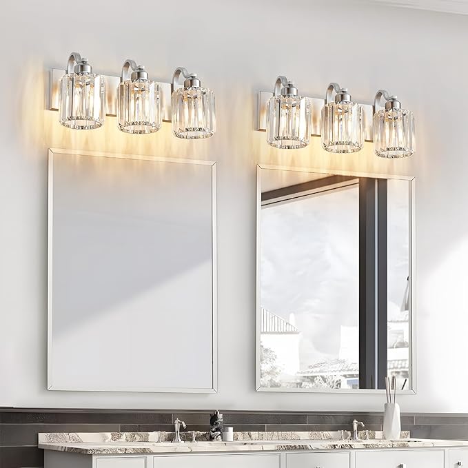 Modern Vanity Light 3-Lights Brushed Nickel Vanity Light Crystal Bathroom Wall Light Bathroom Light Fixtures with Round Shade (Exclude Bulb)
