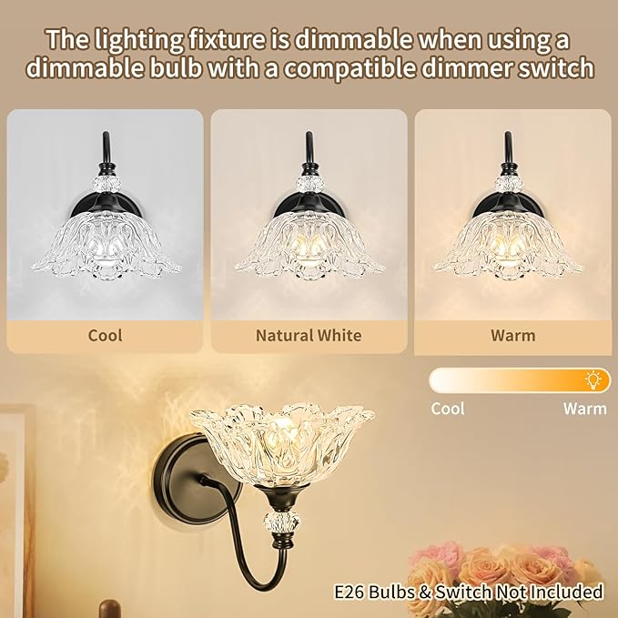1 Piece Black Wall Sconce with Floral Clear Glass Shade, Black Farmhouse Wall Mount Lighting for Bathroom,Vintage Bathroom Vanity Light Fixture