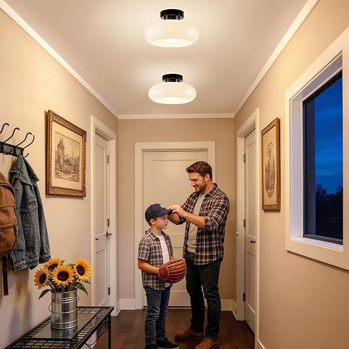 Semi Flush Mount Ceiling Light,11inch Mid-Century Modern Light Fixture,Black Hallway Light Fixtures with White Milk Glass Shade,Vintage Lighting fixtures for entryway,Bedroom,Kitchen,Porch