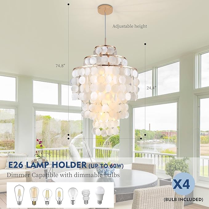Capiz Shell Chandelier,18" Gold Coastal Chandelier Light Fixture with 4 Lights Capiz Seashell Pendant for Living Room Foyer Kitchen Island Entryway Dining Room Bedroom,LED Bulb Included