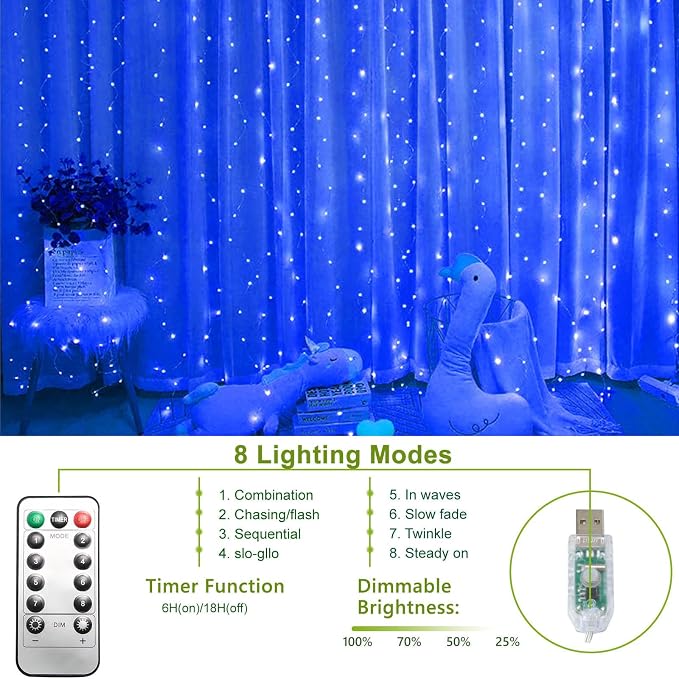 300 LED Fairy Lights, Twinkle Lights with 8 Light Modes, 9.8x9.8Ft Curtain String Lights Remote Control for Christmas, Bedroom, Indoor, Outdoor, Weddings, Party, Birthday Decor (Blue)