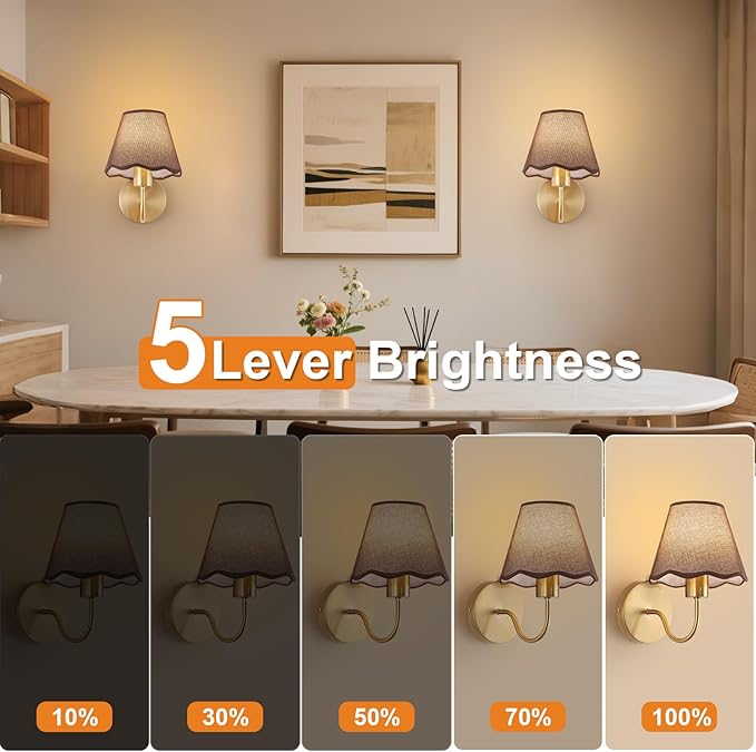 ADISUN Battery Operated Wall Sconce Set of 2, Gold Wall Lamps Rechargeable Bulbs for Living Room, Brown Rattan Shade, Wireless Wall Lights for Bedroom Living Room Hallway Kitchen(2 Bulbs Included)