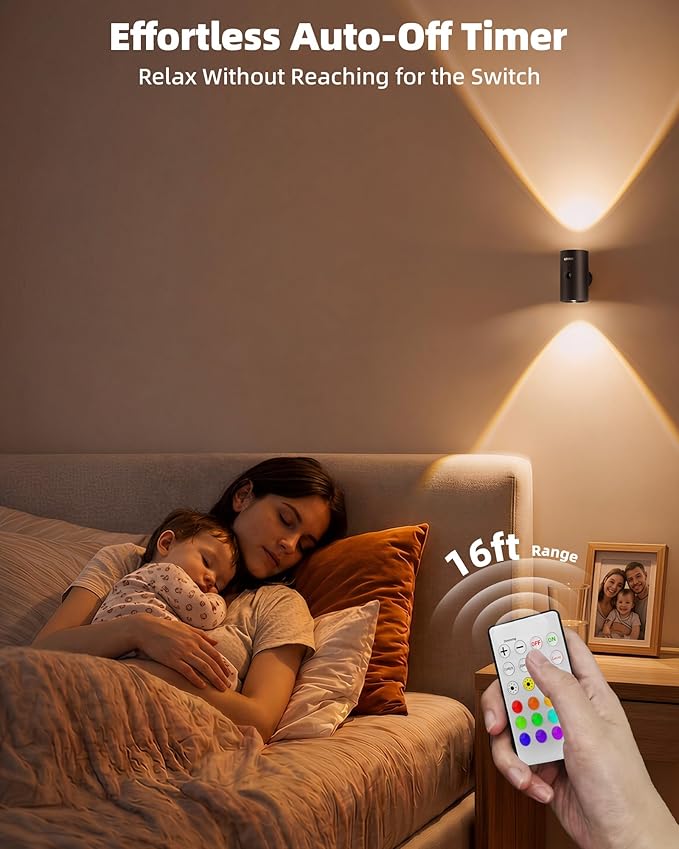 EZVALO Motion Sensor Wall Light, 4000mAh Rechargeable Wall Sconce with Remote, 12 RGB & 3 Color Temps, Up & Down Ambient Lighting for Bedroom, Hallway, Corner Decor (2 Pack, Black)