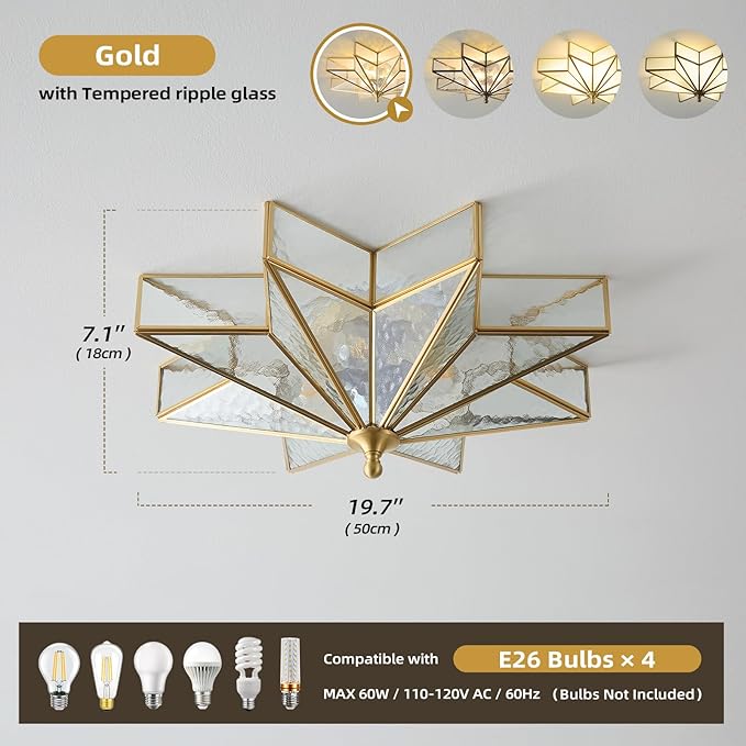 Star Brass Vintage Ceiling Light - 19.7 Inch Large Hammered Glass Antique Brushed Gold Flush Mount Fixture, Mid Century Art Deco Overhead Lighting for Kitchen Hallway Bedroom Bathroom Laundry Entryway