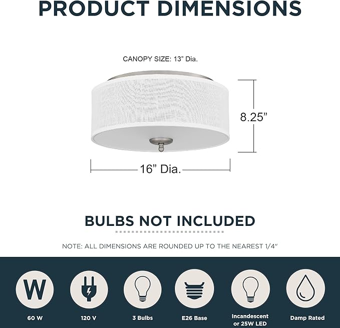 Quoizel Blanche 16" Flush Mount Ceiling Light with Premium Fabric Shade, Brushed Nickel, ETL Damp Rated for Kitchen or Bath