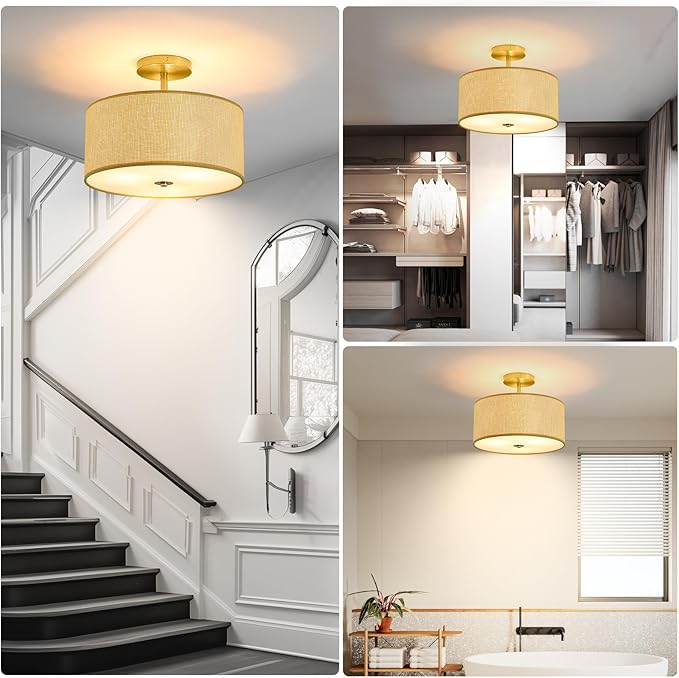 Fabric Semi Flush Mount Lighting Fixture, Modern Semi Chandeliers, Drum Farmhouse Ceiling Light, Beige Fabric Shade 3-Light for Kitchen Island Bedroom Hallway Foyer, E26, W12xH14