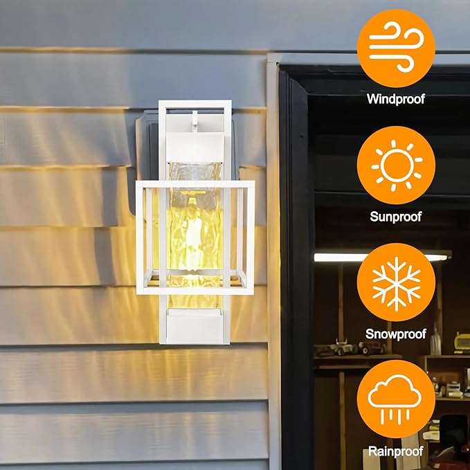 PARTPHONER Modern Outdoor Light Fixture Dusk to Dawn Outdoor Lighting, 15" H Exterior Wall Sconce Waterproof Porch Light, Outside Light for House with Water Glass for Garage Doorway, White