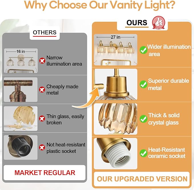 4-Light Bathroom Light Fixtures, 27" Brushed Gold Vanity Lights for Bathroom with Ribbed Amber Tulip Glass Shade, Vintage Bathroom Vanity Lighting Fixtures Over Mirror for Bedroom Living Room Hallway