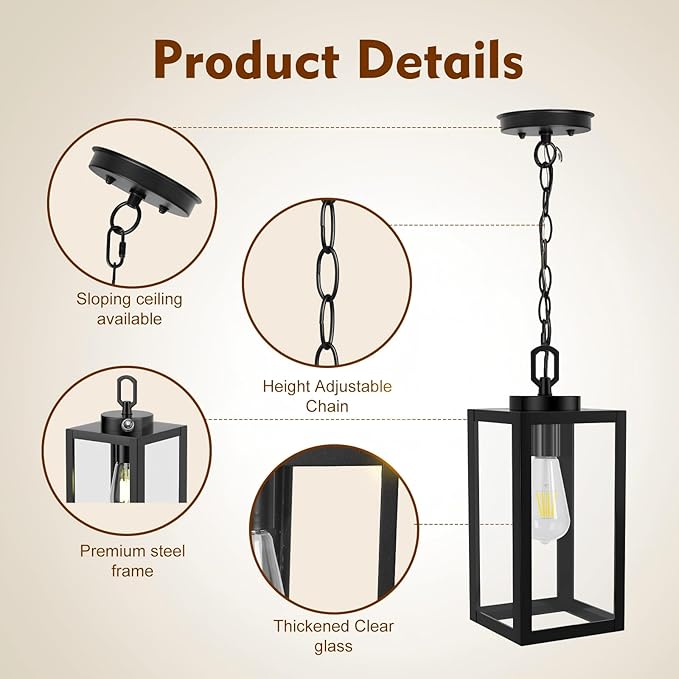 2 Pack 13" Dusk to Dawn Outdoor Pendant Light for Porch,Black Lantern Hanging Chandelier with Adjustable Chain, Anti-Rust Exterior Hanging Ceiling Fixture for Hallway,Front Door,Entryway Patio.