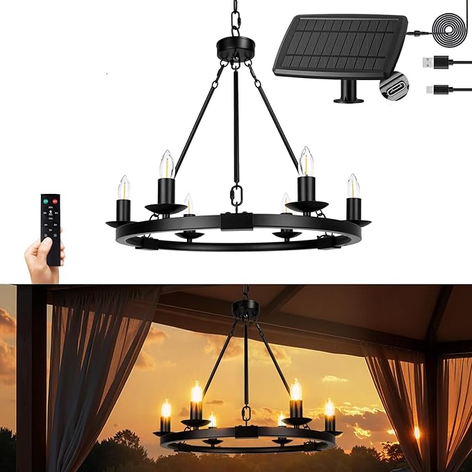 Solar Outdoor Chandelier, 6-Light 19" Chandelier Outdoor Waterproof Dimmable Hanging Pendant Lights, Farmhouse Style for Gazebo, Porch, Patio, Pergola, Decor Lighting