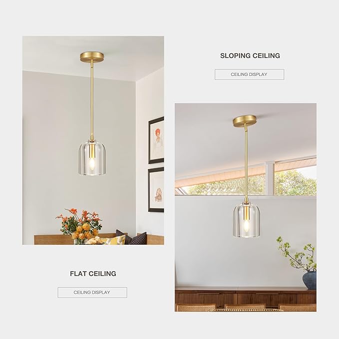 Brass Pendant Light Fixtures,5.1" Modern K9 Crystal Gold Pendant Lights for Kitchen Island Dining Room Living Room Bedroom Bathroom,E12 Bulb Included