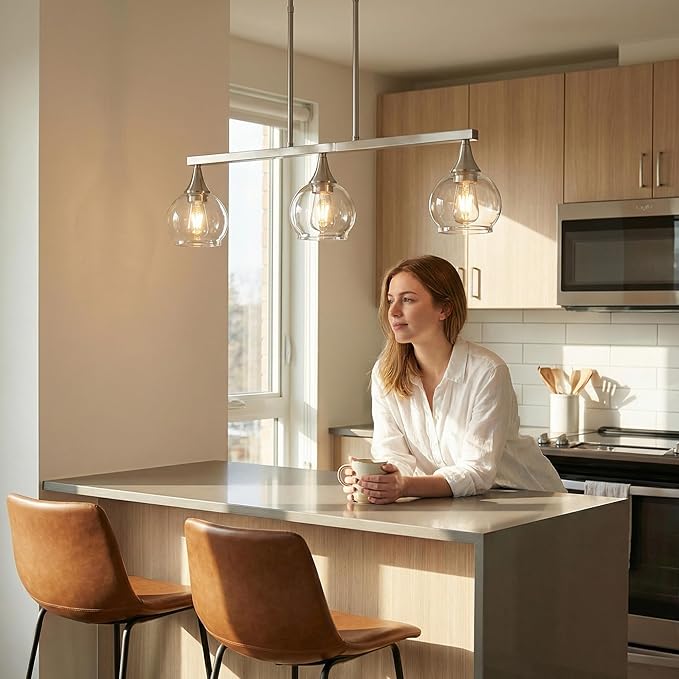 Kitchen Island Linear Pendant Light, 3-Light Modern Chandelier with Clear Glass Globe Shades, Linear Lighting Fixture Over Dining Table, Brushed Nickel