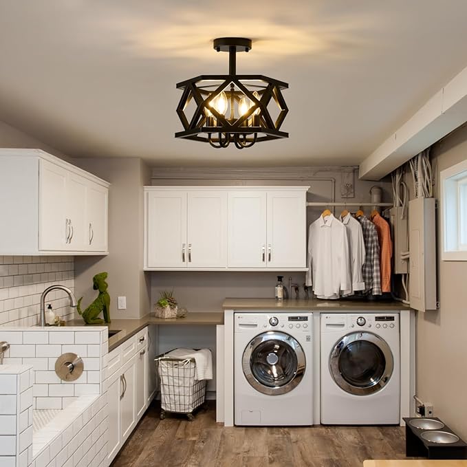 Black Semi Flush Mount Ceiling Light, Modern Foyer Lighting Fixture, 4-Light Metal Ceiling Lamp, Small Farmhouse Chandelier for Hallway Entryway Porch Bedroom Kitchen, E12 Base