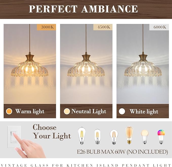 Amber Glass Pendant Lights, 11.8" Brushed Gold Lighting Glass Light Fixtures Modern Amber Chandelier Vintage Hanging Ceiling for Kitchen Island Dining Room Restaurant Bedroom Foyer Entryway