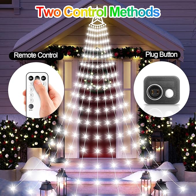 Christmas Decorations Star Lights Outdoor, 11.48ft 350 LED Waterfall Tree Lights with 8 Modes Timer Remote Plug in Christmas Lights for Indoor Yard Patio Home Holiday Party Decor, Pure White