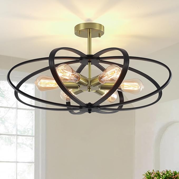 Semi Flush Mount Ceiling Light Fixture Chandelier 25''Black Gold Bedroom Ceiling Lights 6-Light Foyer Chandelier Style Flower Shape Porch Light Fixture for Entryway,Laundry room,Kitchen,Farmhouse