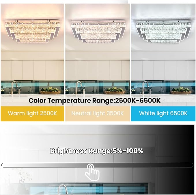 Finktonglan Modern Crystal LED Ceiling Light Fixtures 20” Dimmable Rectangular Flush Mount Chandelier Ceiling Lights 3-Tiers Stainless Steel Ceiling Lamp Fixtures for Living Room Bedroom Dining Room