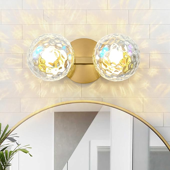 Gold Bathroom Vanity Light Fixtures: Modern Wall Scones With 2 Hammered Stained Glass Shades - Globe Makeup Lighting Fixture over Mirror - Brass Ball Powder Room Vanities Lights for Hallway Bedroom